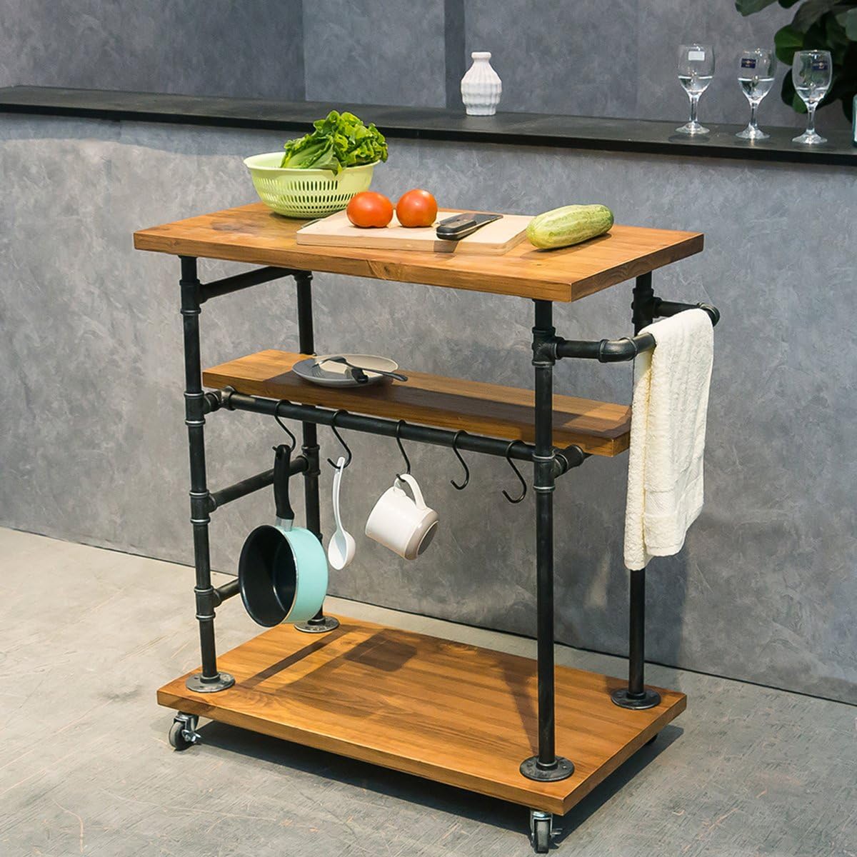 Industrial Portable Kitchen Island on Wheels,Bar Carts for the Home Wine Bar Beverage Coffee Cart,Metal Rolling kitchen carts and islands,Wood and Pipe 3-Tier Butcher Block Island Food Serving Cart
