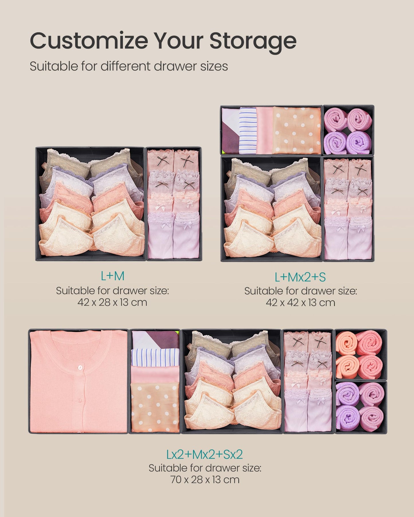 SONGMICS Drawer Organizer, Dresser Drawer Organizers, Set of 12, Foldable Fabric Storage Bins for