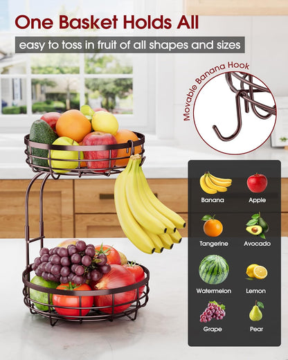Fruit Basket for Kitchen Counter - 2-Tier Large Capacity Fruit Bowl with Detachable Banana Hanger, Rust-Proof Metal Fruit Holder for Vegetables, Bread, Toiletry,10" D x 10" W x 14" H, Brown.