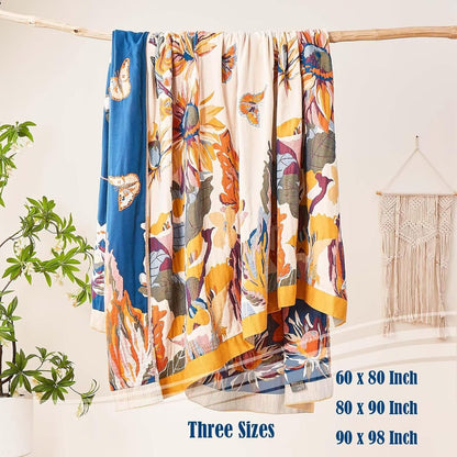 Boho Throw Blanket, 100% Cotton Ultra Soft Luxury Throw Rustic Quilt, 80"x90" Floral Bird Butterfly Farmhouse Decor Bed Blankets, All Season Rustic Reversible Bohemian Throw for Bed - Yellow