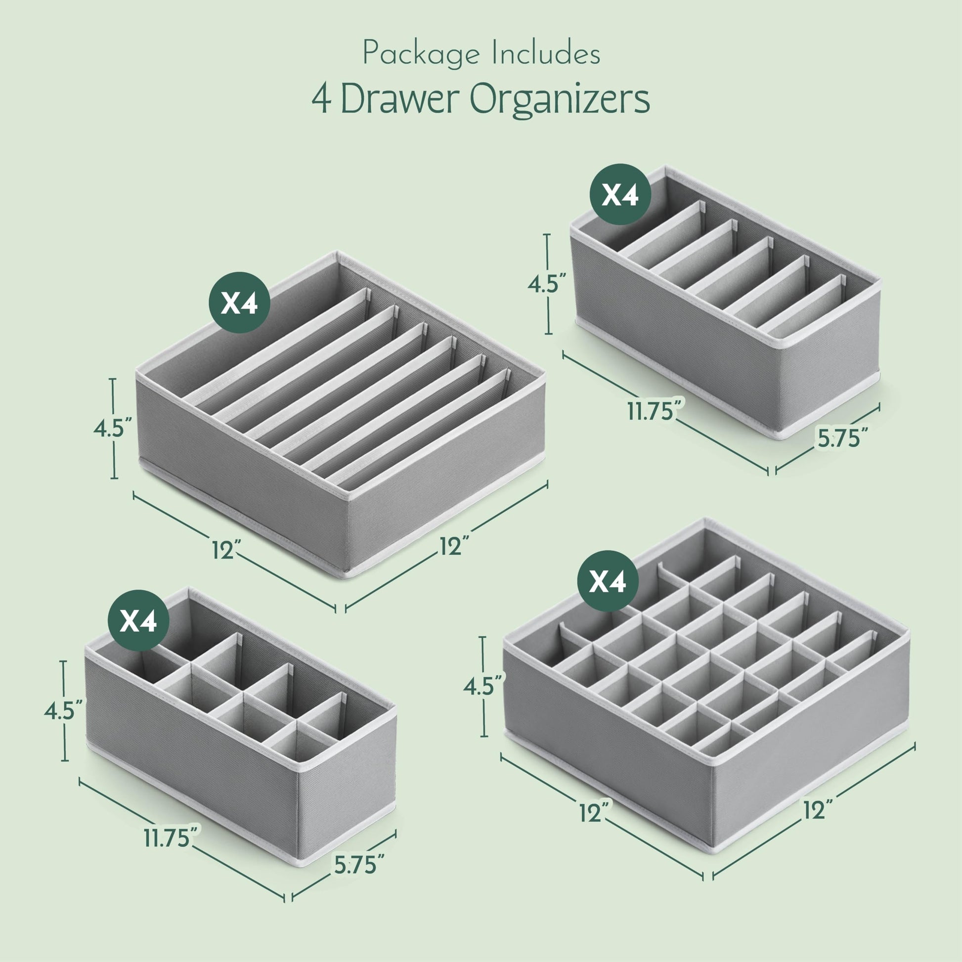 Dresser Organizer, [4 Pk] Grey Fabric Dresser Drawer Organizers (4 Sizes With 45 Slots) Foldable