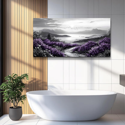KELIYUAN Black And White Home Decoration Canvas Wall Art For Restaurant Natural Landscape Painting Printing Landscape Purple Grass Picture Suitable For Living Room Bedroom Office Wall Decor 20x40In