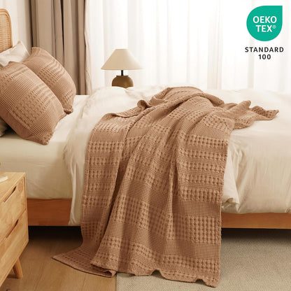 PHF 100% Cotton Waffle Weave Throw Blanket, Soft Lightweight Breathable Cozy Summer Throws for Couch Bed Sofa, Luxury Aesthetic Woven Blanket for Home Decor & Office, 50"x60", Camel