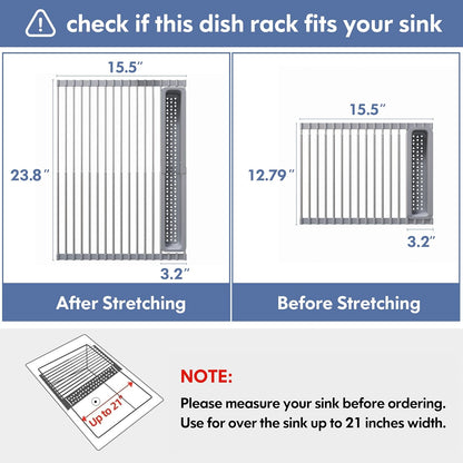 Over The Sink Dish Drying Rack for Kitchen, Expandable (12.8"-23.8" D x 15.5" W) Roll Up Dish Drainer with The Function of Fordable, Rust Proof, Large Sink Cover with Removable Utensil Holder