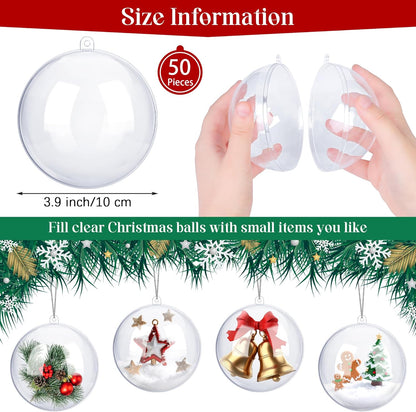 ANVAVO 50 Pieces 10 cm Christmas Clear Plastic Fillable Ball Ornaments DIY Craft Transparent Baubles Shatterproof Christmas Tree Hanging Ornaments for Xmas New Years Birthday Wedding Home Decor