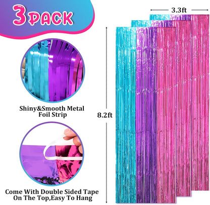 3 Pack 3.3 x 8.2 ft Blue Purple Pink Foil Fringe Backdrop Curtains, Tinsel Streamers Party Decorations, Fringe Backdrop, Door Shimmer for Mermaid or Birthday Party