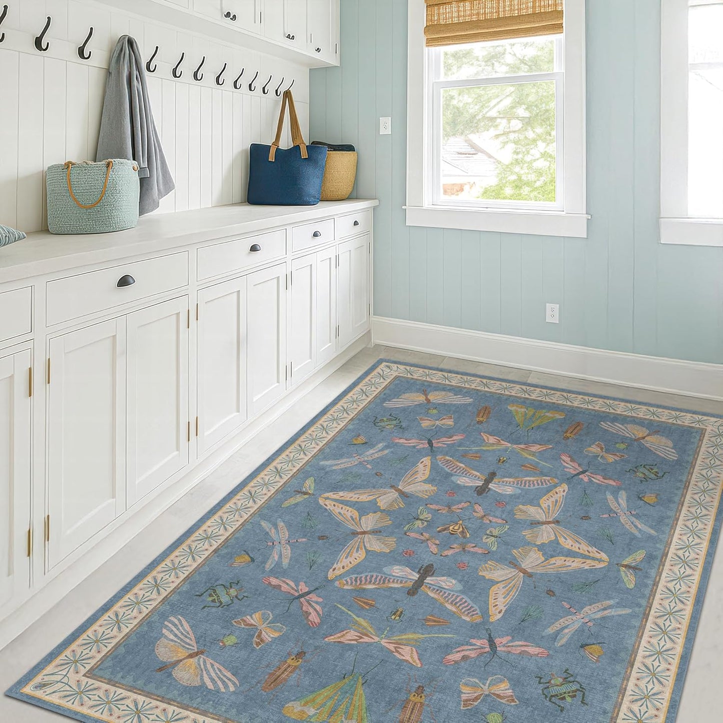 Washable 4x6 Small Rug for Living Room, Area Rug for Kitchen, Bedside, Large Entryway Indoor - Stain Resistant Non Slip with Rubber Backing, Insect Print Aethestic Décor, Light Blue & Aqua