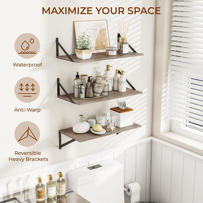 Heimlove 24" W x 12" D Wall Shelves for Books, 12 Inch Deep Floating Shelves Set of 3, Wide Floating Bookshelf with Metal Bracket for Living Room, Kitchen, Office, Bedroom and Decor Storage - Grey