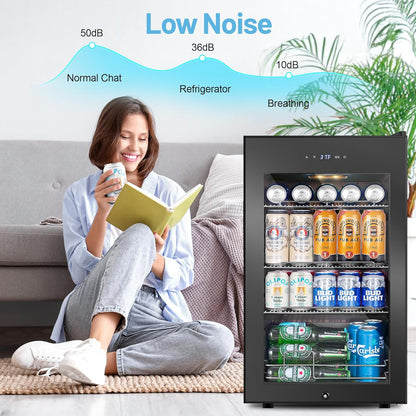 Beverage Refrigerator Cooler, 17 Inch 120 Cans Freestanding Mini Fridge with Glass Door, Adjustable Shelves and LED Light, Small Drink Fridge Counter-top Beer Fridge for Bedroom Office Bar