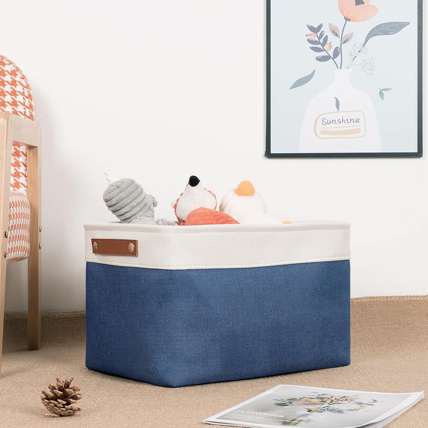 DULLEMELO Fabric Storage Bins, Foldable Storage Baskets for Organizing, Empty Gift Baskets (3-Pack Medium-15 inch X 11 inch X 9.5 inch , White&Blue)