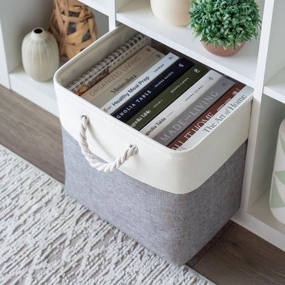 OrganiHaus 13x13 Cube Storage Bins 4 Pack, Foldable Cube Storage Organizer w/ Rope Handles, Collapsible Fabric Bins for Toys, Clothes & Closet Organization, Fabric Square Baskets - Gray/White