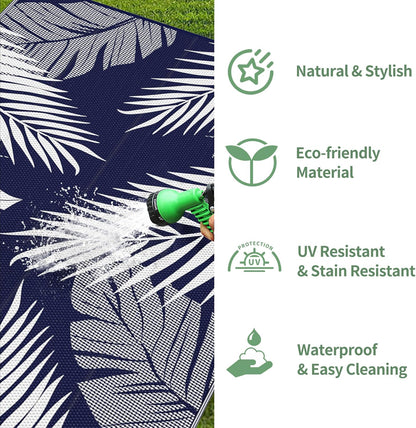 GENIMO Outdoor Rug 2.5' x 8' Waterproof for Patios Clearance, Reversible Outdoor Plastic Straw Camping Rug Carpet, Large Area Rugs Mats for RV, Camper, Deck, Balcony, Porch, Beach, Navy Blue&White
