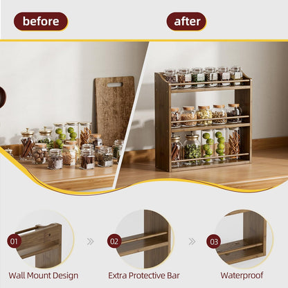 Spice Rack for Countertop, Bamboo Seasoning Jars Organizer Rack Shelf Wall Mounted, 15.83" W x 4.96" D x 15.75" H (Walnut)