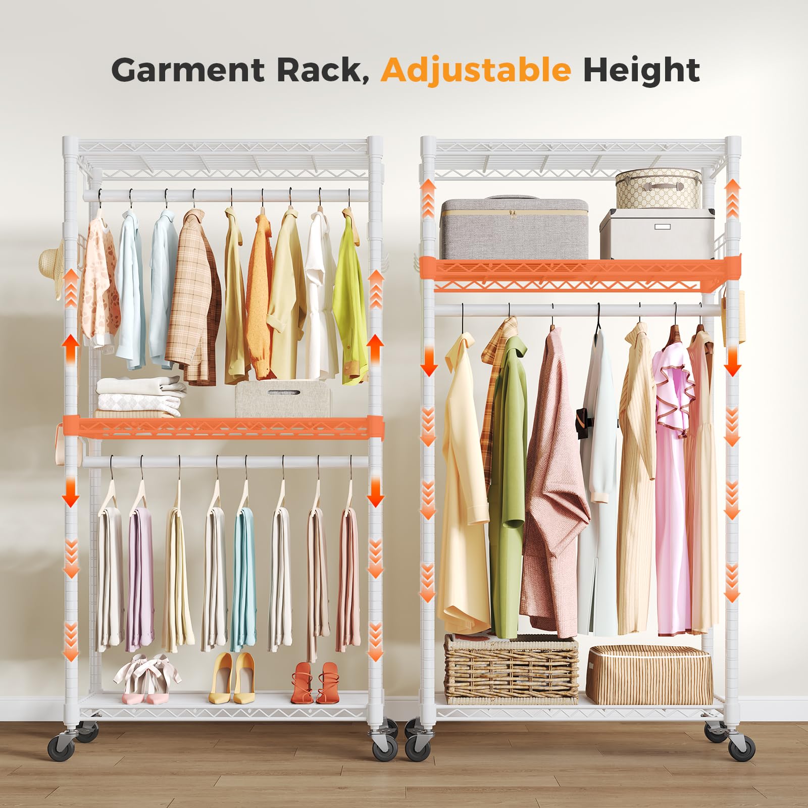 OLIXIS Clothes Rack Heavy Duty Adjustable Garment Clothing Rack with Wheels, Rolling Metal