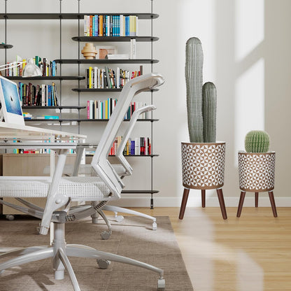 10 & 12 Inches Plant Pot with Stand, Large Modern Standing Planters for Indoor Outdoor Plants with Drainage Holes, Big Gold Floral Embossed Flower Pots with Legs