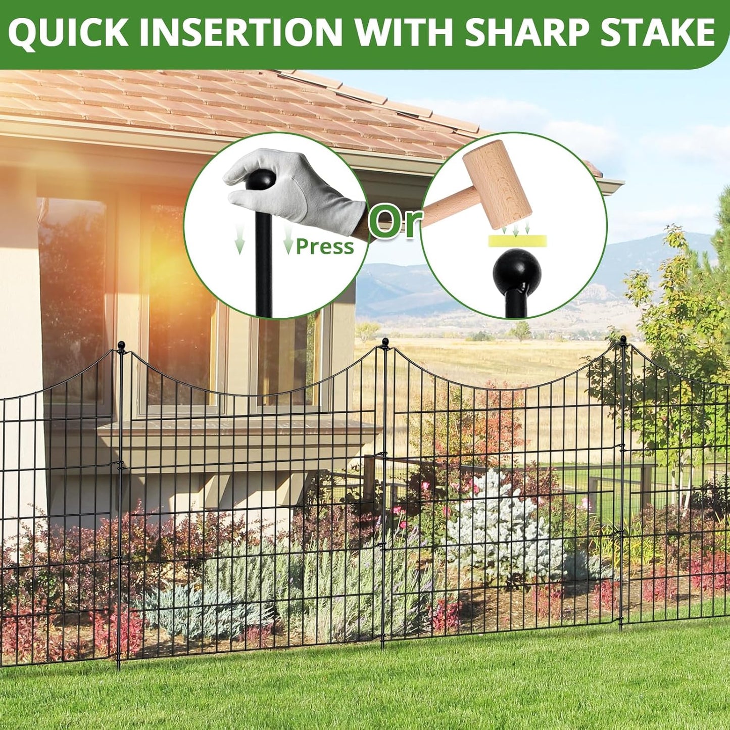 10 Panels No Dig Decorative Outdoor Garden Fence for Yard, 32 in(H) X 23.6 ft(L) Animal Barrier Fencing Rustproof Metal Wire Border for Dog, Rabbits, Landscape Temporary Defense with 11PCS Stakes