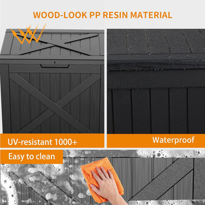 32 Gallon Resin Deck Box, Lockable Outdoor Storage Box for Patio Cushions Storage Furniture,Garden Tools, Pool Supplies, Weatherproof and UV Resistant（Black X）