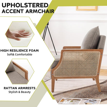 HAOBO Home Mid Century Modern Accent Chair Upholstered Living Room Chairs Armchair with Rattan Armrest Comfy Reading Chair with Wood Frame Lounge Side Chair with Waist Cushion
