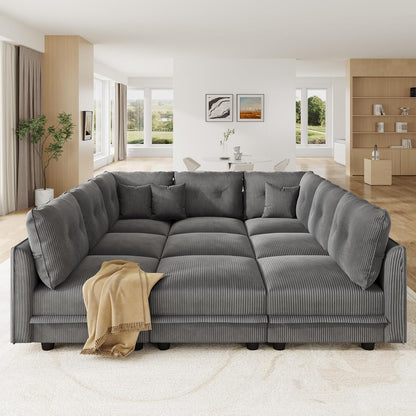 LLappuil Modular Sectional Sofa with Storage Seats, Corduroy Convertible Modular U Shaped Sectional Couch for Living Room, 9 Seat Oversized Sofa with 9 Back Cushion 9 Throw Pillow, Grey