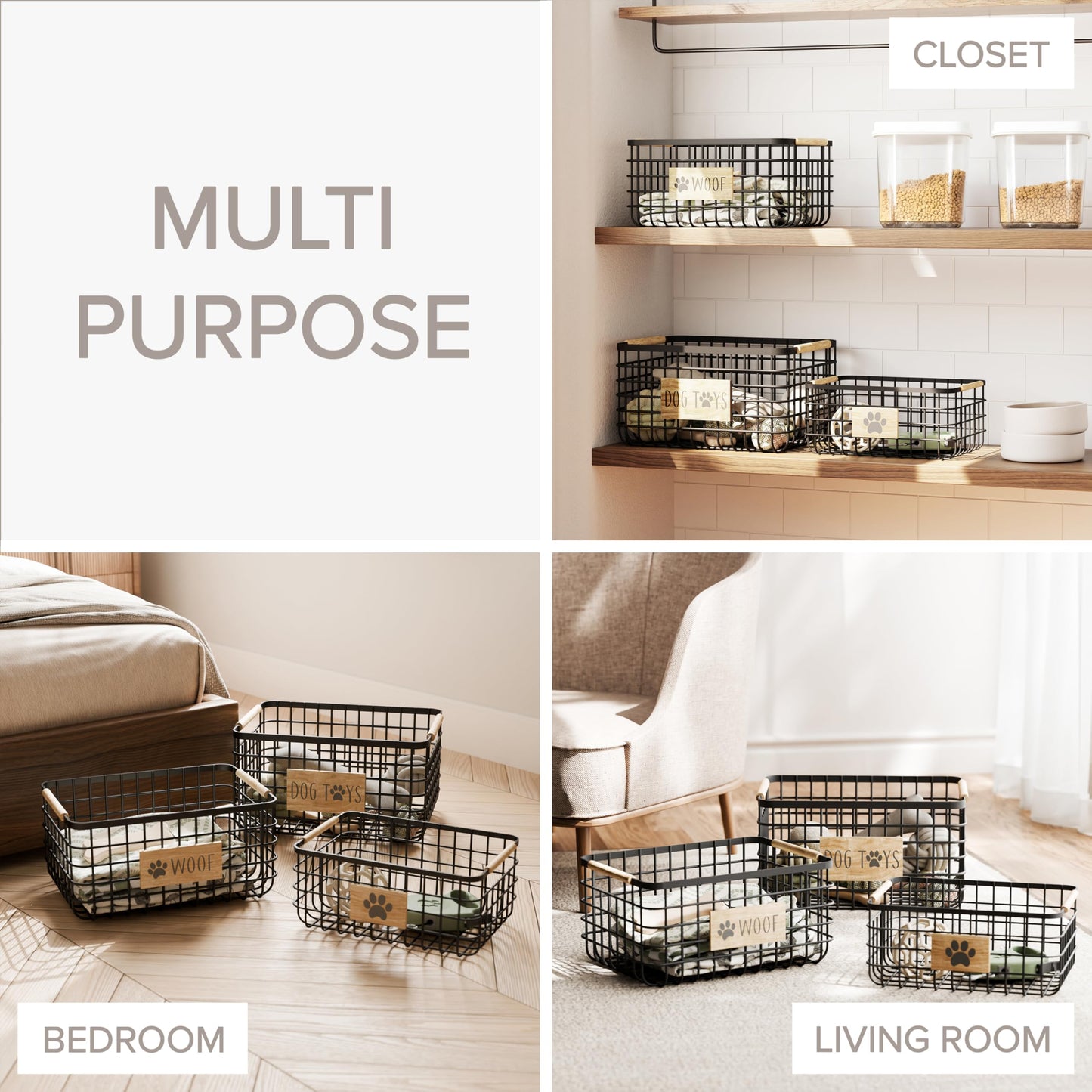 RGI Home Dog Toy Storage Baskets – Set of 3 Rectangular Metal Organizer Bins for Pet and Household