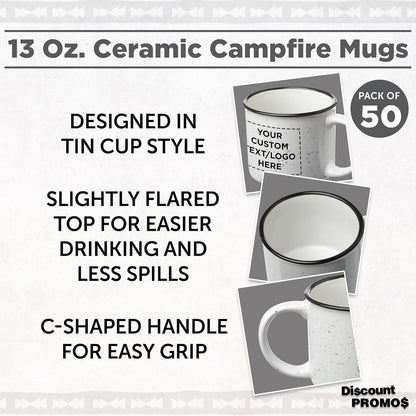 DISCOUNT PROMOS Custom Ceramic Campfire Coffee Mugs 13 oz. Set of 50, Personalized Bulk Pack - Perfect for Tea, Espresso, Cappuccino, Hot Cocoa - White