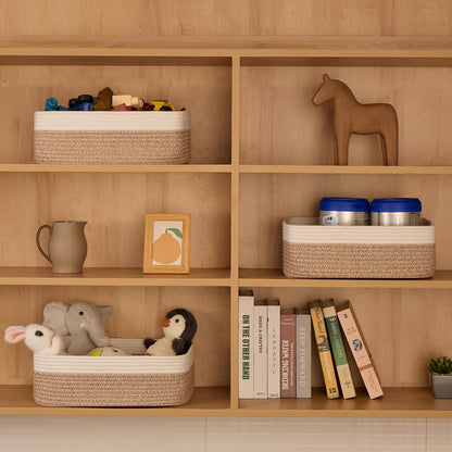 Large Shallow Organizing Baskets 15x11x5.1 Inches - Rope Woven Storage Bins for Bathroom, Shelves, Cube Closet, White Mixed Brown 2 Packs