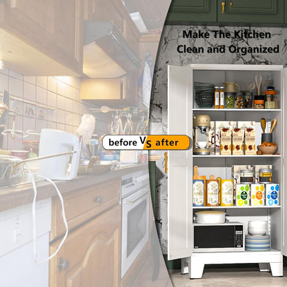 White Metal Kitchen Storage Cabinet, Kitchen Pantry Storage Cabinet with Doors and Shelves, Storage Cabinet with Adjustable Leveling Foot for Kitchen, Living Room and Dining Room. 61" H