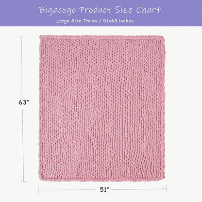 Bigacogo Chunky Knit Throw Blanket for Couch, 51x63 inches, 100% Hand Knitted with Thick Jumbo Chenille Yarn, Cozy Soft Large Rope Knot Cable Crochet Blankets for Sofa Bed Living Room, Blush Pink