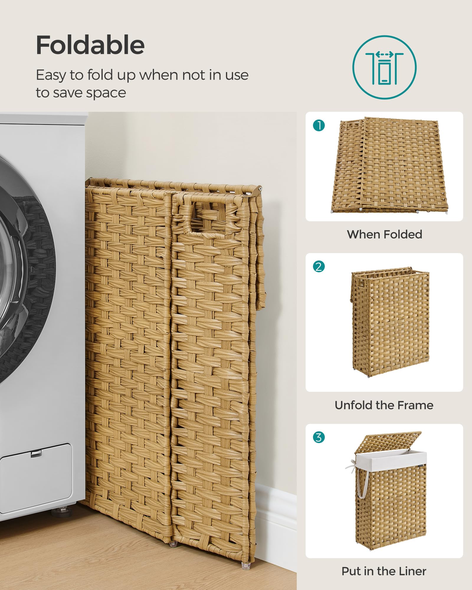 SONGMICS Slim Laundry Hamper with Lid, 14.5 Gallon (55L) Rattan Clothes Laundry Basket with Lid and