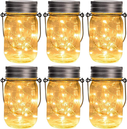 GIGALUMI Hanging Mason Jar Solar Lights, 6 Pack 30 Led Hanging Solar Lanterns Outdoor Waterproof, Hangers and Jars Included, Outdoor Decor for Balcony, Garden, Patio, Yard, Wedding