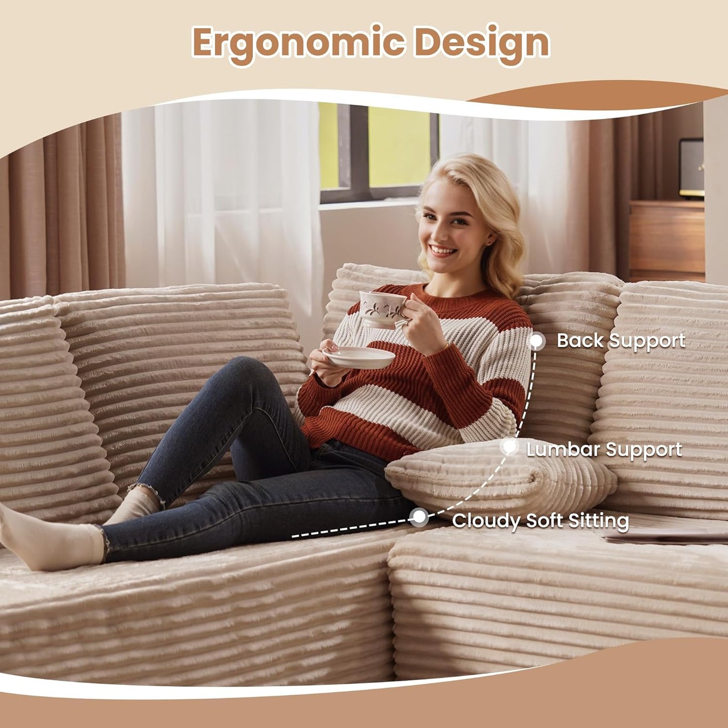 HOOOWOOO Cloud Sectional Couches for Living Room,Modular Sectional Sofa No Assembly,133X108 Inch Plush Corduroy Large U Shaped Floor Couch Set with Deep Seat Left Chaise(Beige)