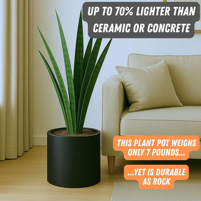 Fox & Fern Large 12 Inch Black Plant Pot — Premium Lightweight Fiberstone Matte Black Planter w Drainage Plug; Large Indoor & Outdoor Planter; 12 Inch Pots for Plants; Weather Resistant & UV Resistant