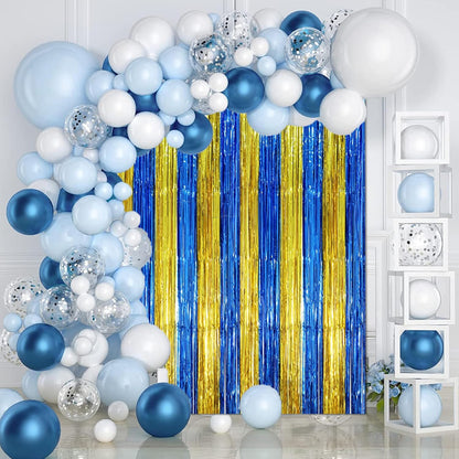 3 Pack 3.3 x 8.2 ft Blue Gold Foil Fringe Backdrop Curtains, Tinsel Streamers Party Decorations, Fringe Backdrop, Door Shimmer for Father's Day Graduation or Birthday Party