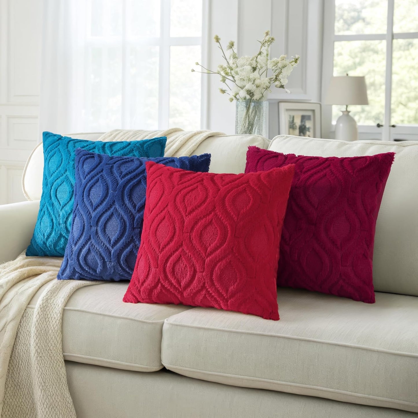 decorUhome Fall Throw Pillow Covers 16x16 Inch Set of 2, Soft Plush Decorative Faux Fur Navy Blue Solid Couch Pillow Covers, Accent Farmhouse Neutral Square Euro Pillow Cases for Sofa Bed Living Room