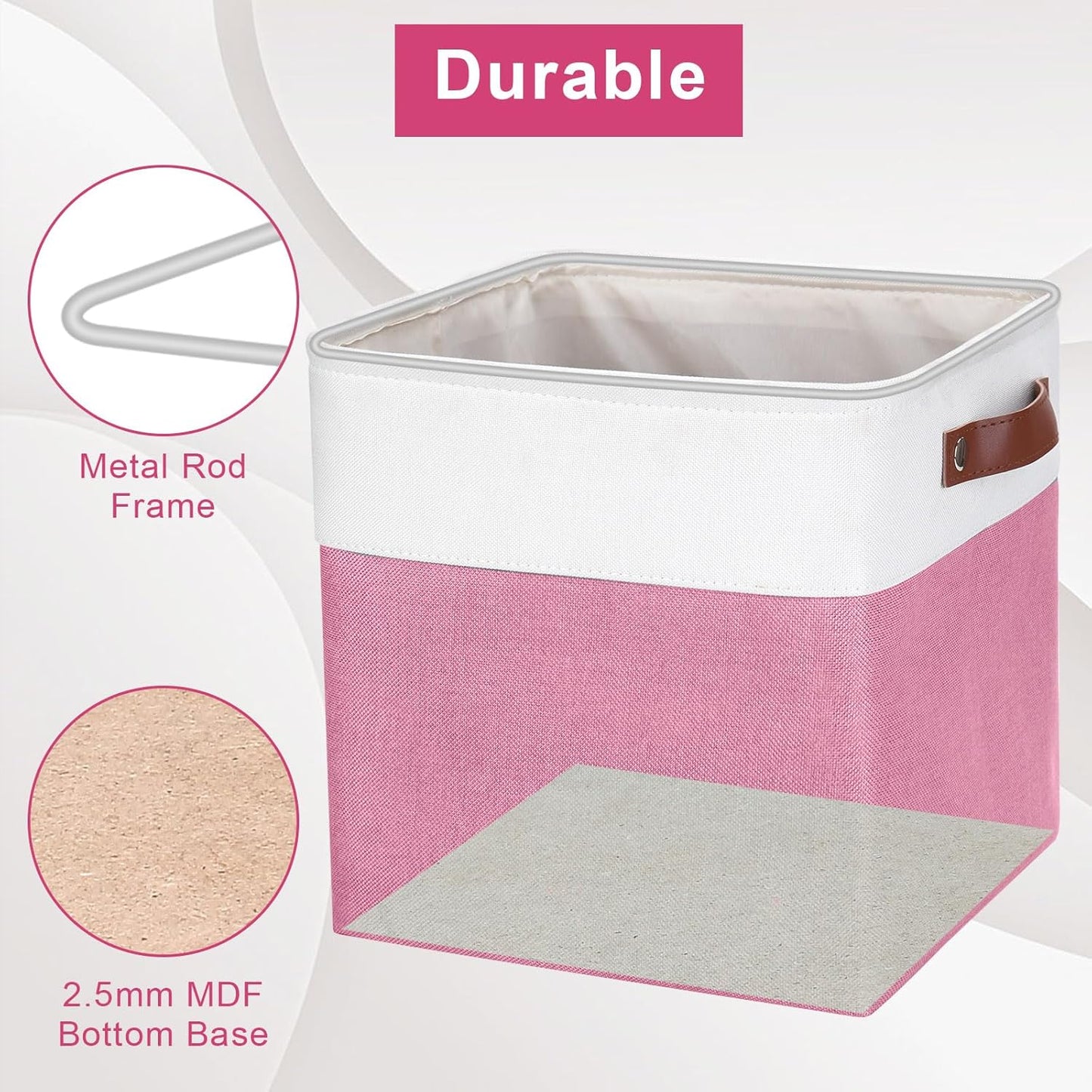 Collapsible Fabric Storage Cubes 11x11 Cube Storage Bins, 4 Pack Closet Baskets Box with Handles for Organizing, Shelf, Toys, Clothes, Home, Office, Nursery (Pink&White)
