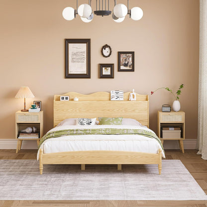 Rattan Nightstand with Opening Storage,Boho Bedside Table with Drawer,Wood Nightstand with Solid Wood Legs,End Side Table for Living Room,Bedroom,Small Space Natural CTG62Y