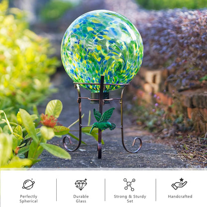 10 Inch Glass Gazing Ball, with 9.4" Tall Metal Gazing Globe Stand, Glass Balls Display Holder Set for Outdoor Garden Lawn Yard Decoration, Bright Summer Burst