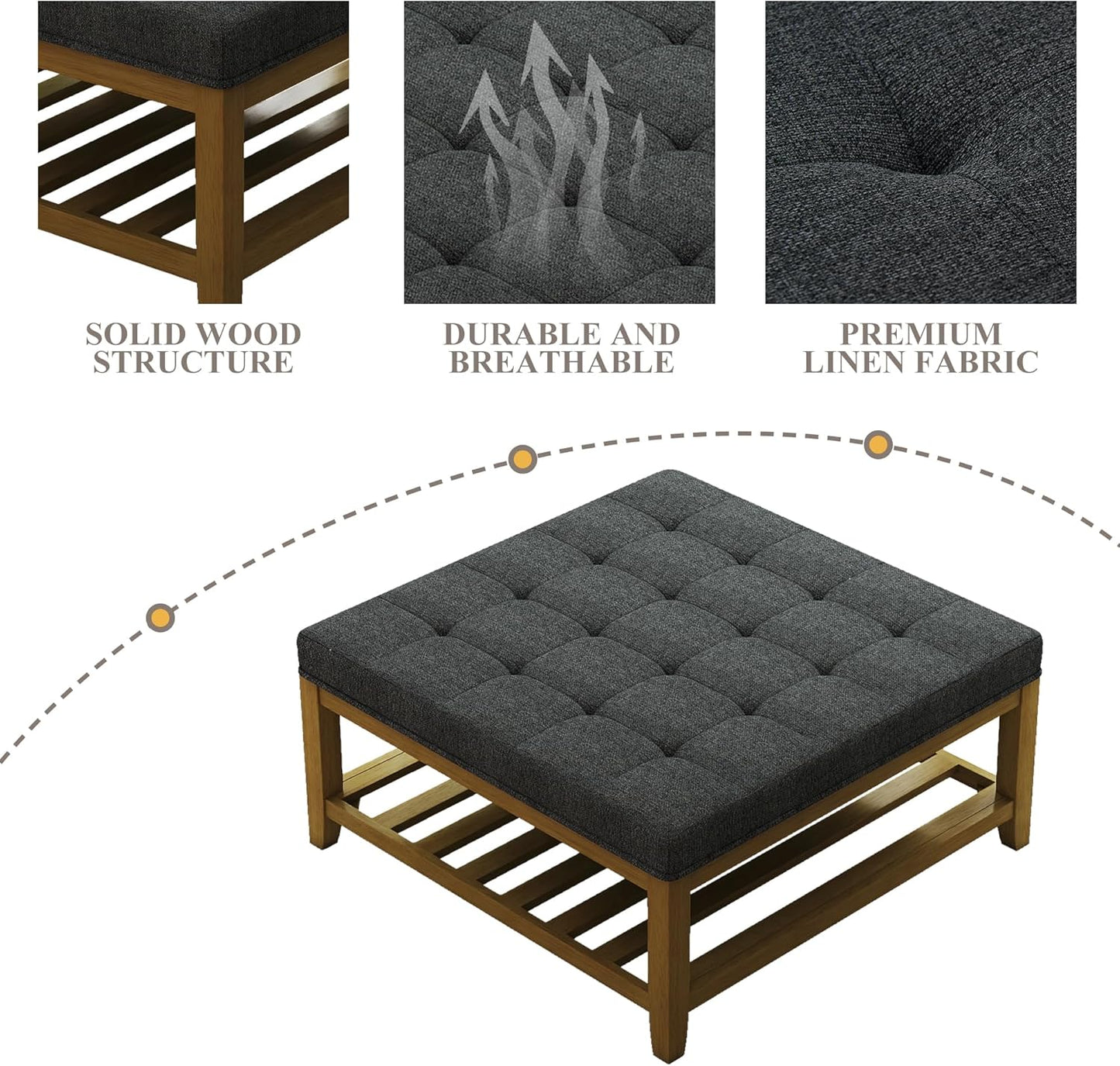 Large Square Ottoman Coffee Table, Linen Solid Upholstered Footrest Ottoman with Solid Wood Shelf Storage Tufted Coffee Table for Bedroom Living Room, Dark Gray