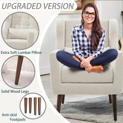 Modern Accent Chair, Upholstered Armchair with Pillow, Fabric Single Sofa Chair with Lounge Seat and Wood Legs Accent Chair for Living Room Bedroom Small Spaces (Beige, Set of 2)