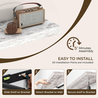 RICHFOCUS 16Inch Floating Shelves for Wall 2 Pack Shelves for Bedroom|Kitchen|Bathroom Wall Mounted Rustic Distressed Wood Floating Shelf with Invisible Brackets for Books|Storage|Decor, Rustic