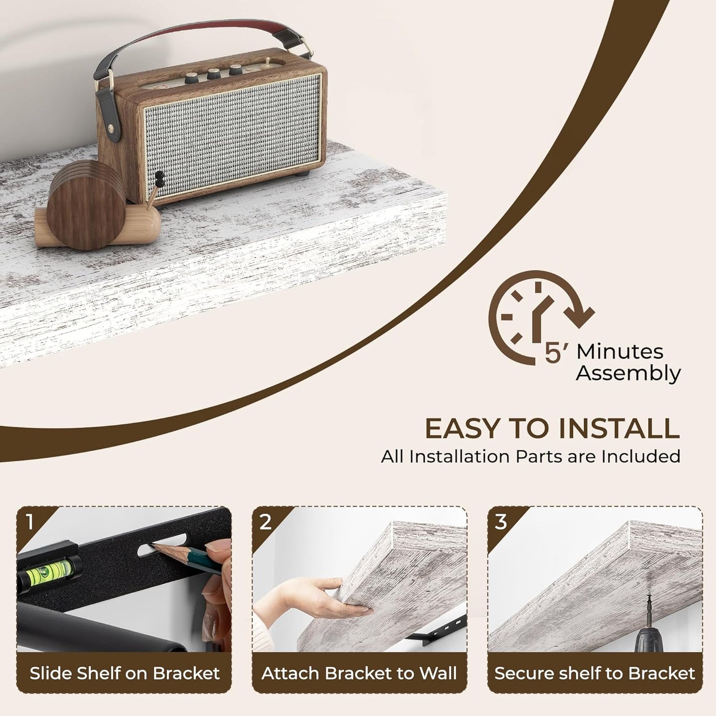 RICHFOCUS 48Inch Floating Shelves for Wall 2 Pack Shelves for Bedroom|Kitchen|Bathroom Wall Mounted Rustic Distressed Wood Floating Shelf with Invisible Brackets for Books|Storage|Decor, Rustic