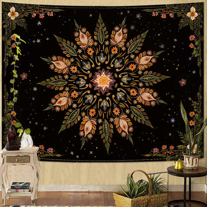 Fowocu Boho Floral Mandala Tapestry for Bedroom Aesthetic Vintage Bohemian Flower Wall Tapestry Black Green Hippie Indian Small Tapestries Wall Hanging for Living Room Dorm Decor 40 x 30 Inch