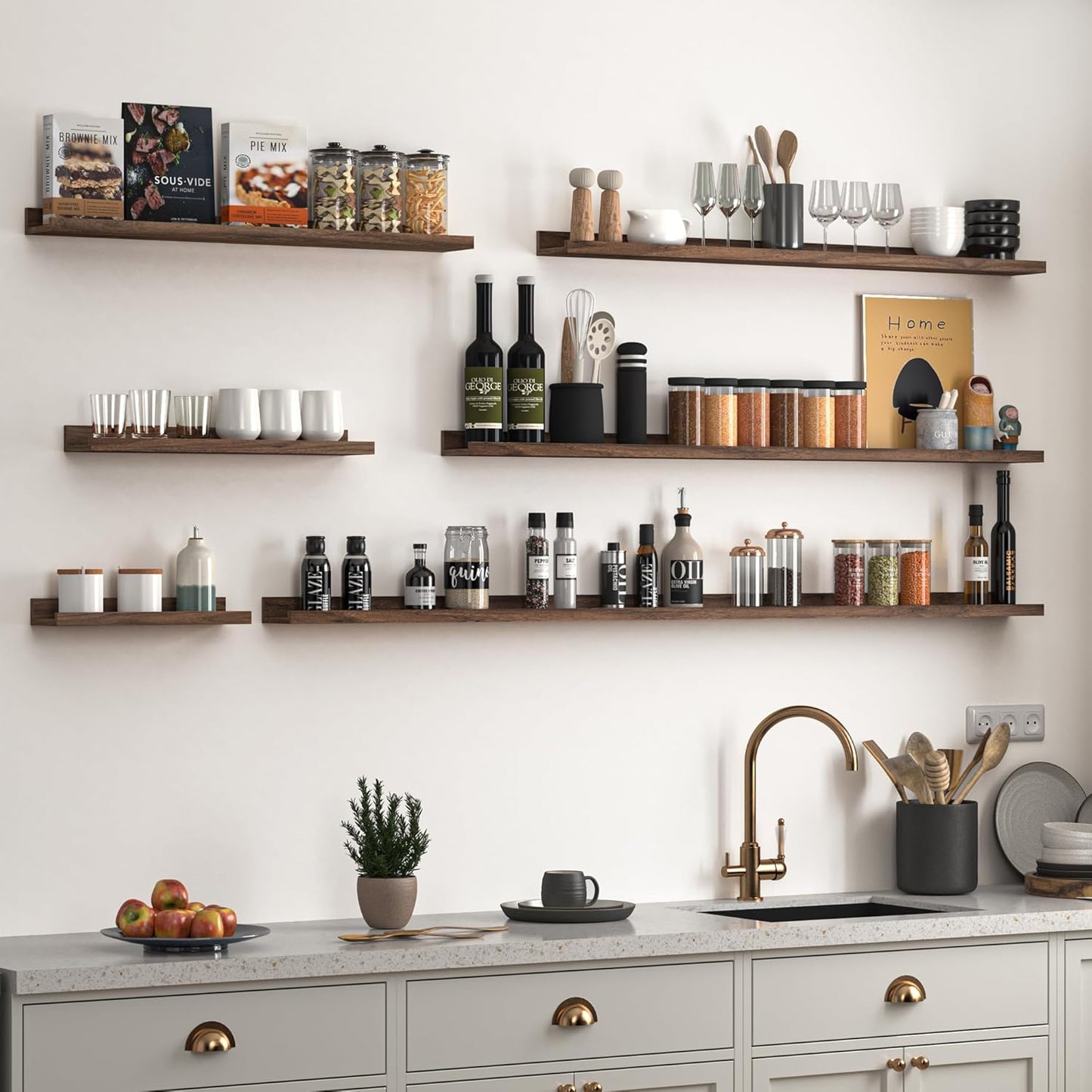 Heimlove Picture Ledge Shelf, Floating Shelves Set of 2, 72 Inches Long Large Picture Shelf for Wall with Ledge, Kids Bookshelf Wall Mounted for Living Room Bedroom Decor Books Photo Frames, Walnut