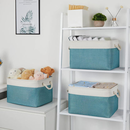 Bidtakay Basket Storage Bins with Handles Fabric Large Storage Baskets for Organizing Set of 3 Collapsible Rectangular Basket for Shelves Closet Organizer 15 X 11 X 9.5 Inches(White&Teal Blue)