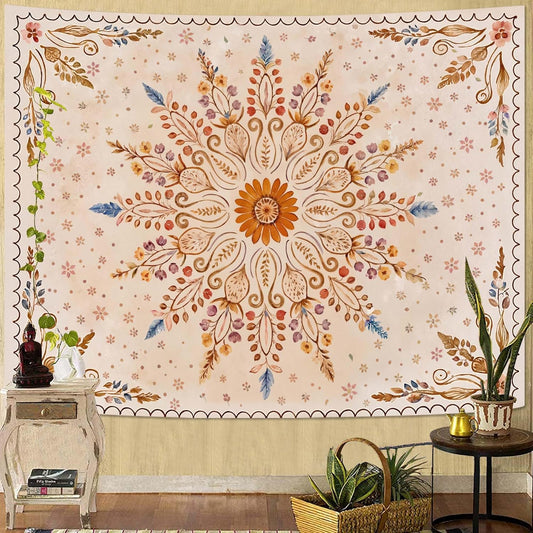 Fowocu Boho Floral Mandala Tapestry for Bedroom Aesthetic Watercolor Bohemian Flower Wall Tapestry Brown Beige Hippie Indian Large Tapestries Wall Hanging for Living Room Dorm Decor 80 x 60 Inch
