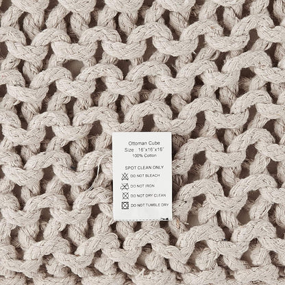 REDEARTH Square Pouf Ottoman Foot Stool - Hand Knitted Bean Bag - Cord Boho Pouffe - Accent Poof for Living Room - Nursery - Bedroom - Kids Bedroom - Patio - 100% Cotton (16" x 16" x 16") - Ivory