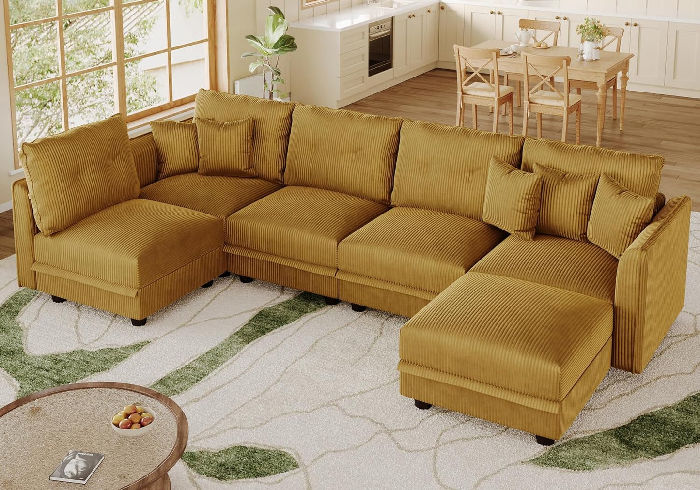 LLappuil Modular Sectional Sofa with Storage Seats, Corduroy Convertible Modular U Shaped Sectional Couch for Living Room, 6 Seat Oversized Sofa with 5 Back Cushion 5 Throw Pillow, Yellow