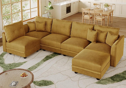 LLappuil Modular Sectional Sofa with Storage Seats, Corduroy Convertible Modular U Shaped Sectional Couch for Living Room, 6 Seat Oversized Sofa with 5 Back Cushion 5 Throw Pillow, Yellow
