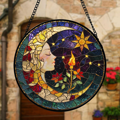 Stained Glass Window Hanging, Moon Goddess Torch Suncatcher Diamond Glass Panel Hangings Dream Sun Catchers Decor for Birthday for Women, Men, Wife, Aunt, and Mom 6.3 in