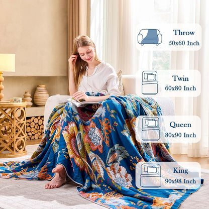 Boho Throw Blanket, Blue Lightweight Blankets for Summer, 100% Cotton Bohemian Decorative Throw Blanket, 50"x60" Reversible Muslin Breathable Woven Farmhouse Blankets Quilt,